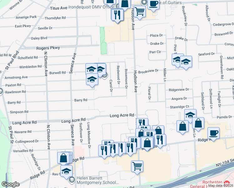 map of restaurants, bars, coffee shops, grocery stores, and more near 540 Barry Road in Rochester