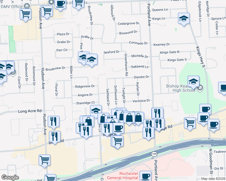 map of restaurants, bars, coffee shops, grocery stores, and more near 109 Driftwood Lane in Rochester