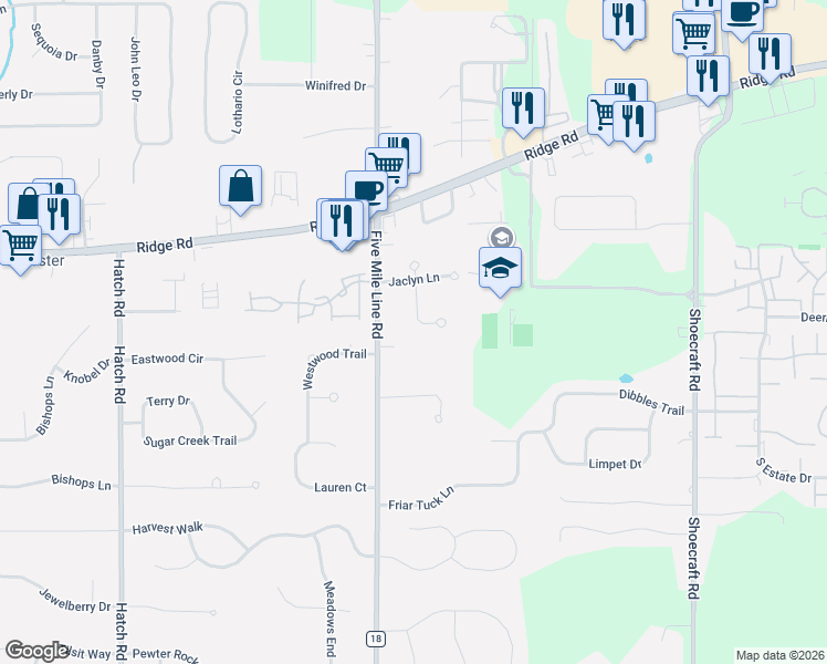 map of restaurants, bars, coffee shops, grocery stores, and more near 21 Southfield Drive in Webster