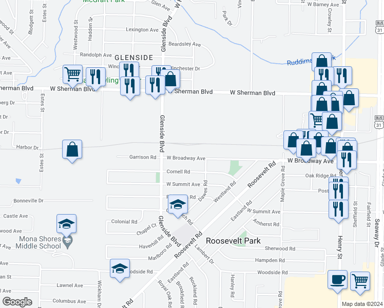 map of restaurants, bars, coffee shops, grocery stores, and more near 1300 West Broadway Avenue in Muskegon