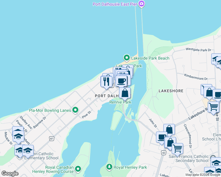 map of restaurants, bars, coffee shops, grocery stores, and more near 19 Main Street in St. Catharines