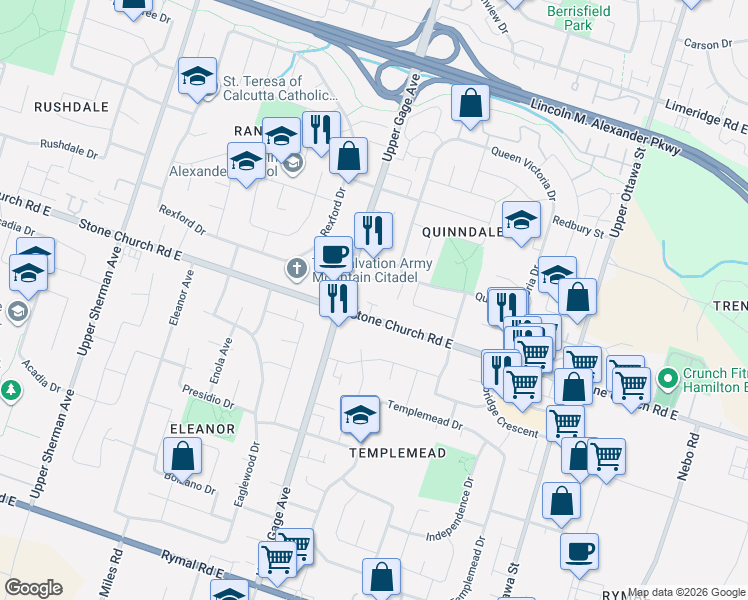 map of restaurants, bars, coffee shops, grocery stores, and more near 897 Stone Church Road East in Hamilton