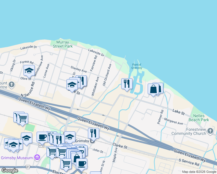 map of restaurants, bars, coffee shops, grocery stores, and more near 412 Elizabeth Street in Grimsby