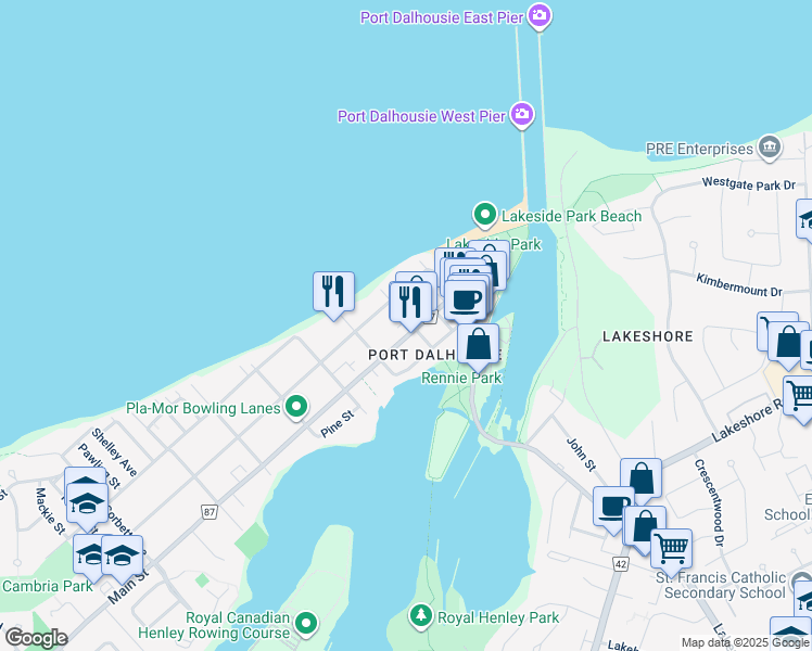 map of restaurants, bars, coffee shops, grocery stores, and more near 17 Simcoe Street in Saint Catharines
