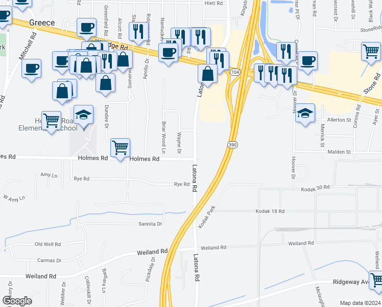map of restaurants, bars, coffee shops, grocery stores, and more near 2 Holmes Road in Rochester