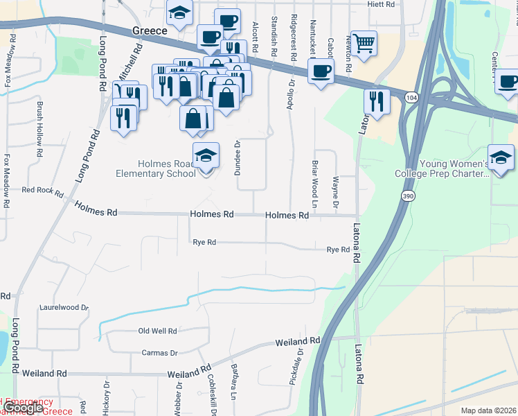 map of restaurants, bars, coffee shops, grocery stores, and more near 185 Holmes Road in Rochester