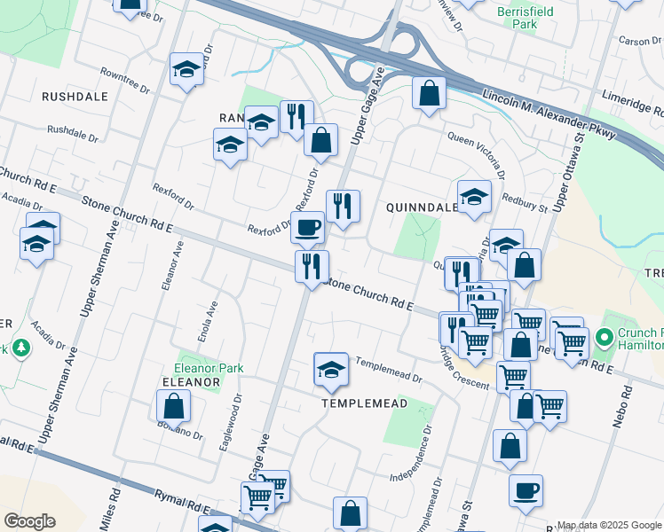 map of restaurants, bars, coffee shops, grocery stores, and more near 897 Stone Church Road East in Hamilton