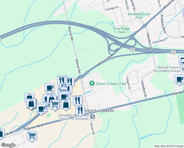 map of restaurants, bars, coffee shops, grocery stores, and more near 30 Chapman Lane in Hamilton
