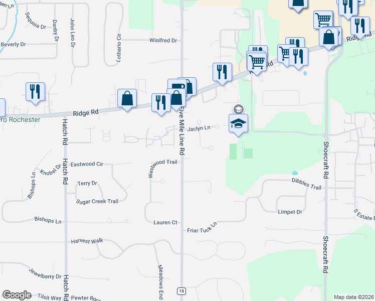 map of restaurants, bars, coffee shops, grocery stores, and more near 21 Southfield Drive in Webster