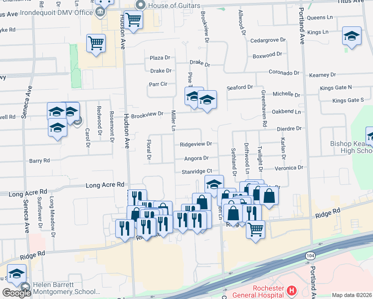 map of restaurants, bars, coffee shops, grocery stores, and more near 50 Angora Drive in Rochester
