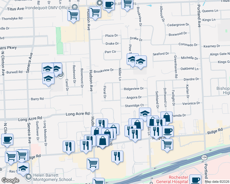 map of restaurants, bars, coffee shops, grocery stores, and more near 6 Angora Drive in Rochester