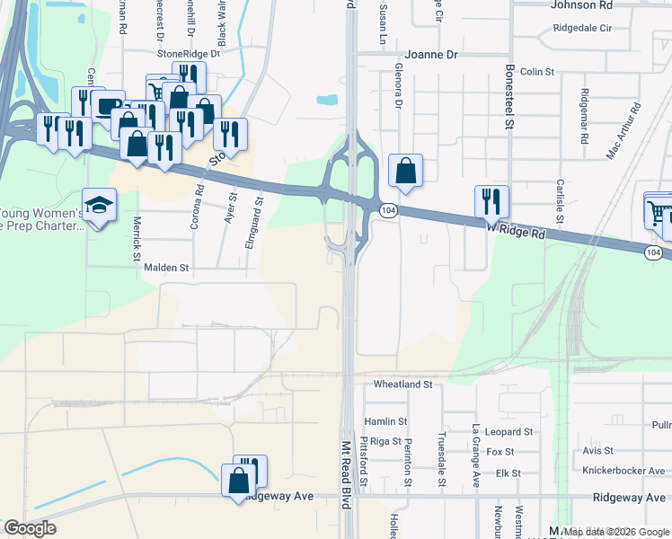 map of restaurants, bars, coffee shops, grocery stores, and more near 2447 Mount Read Boulevard in Rochester