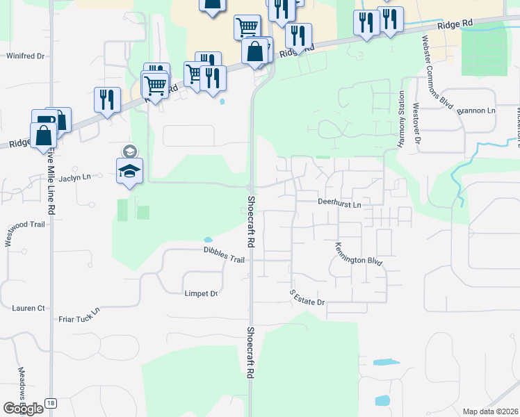 map of restaurants, bars, coffee shops, grocery stores, and more near 66 Springwood Drive in Webster