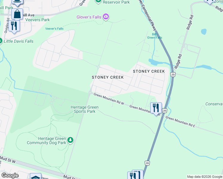 map of restaurants, bars, coffee shops, grocery stores, and more near 54 Scarletwood Street in Hamilton