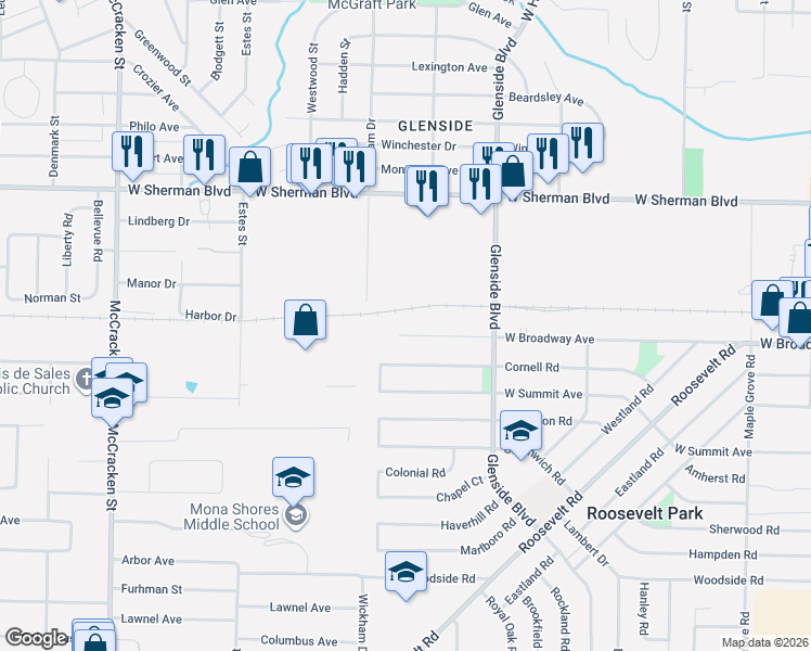 map of restaurants, bars, coffee shops, grocery stores, and more near 1525 Garrison Road in Muskegon