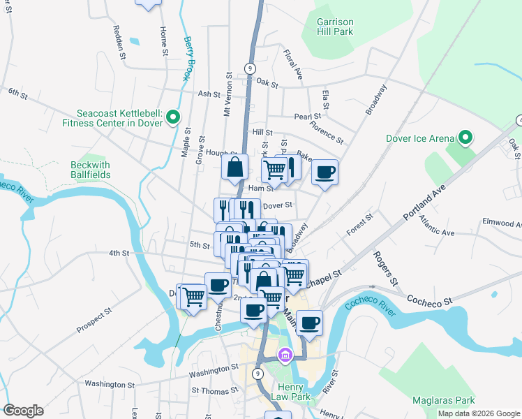 map of restaurants, bars, coffee shops, grocery stores, and more near 1 Dover Street in Dover