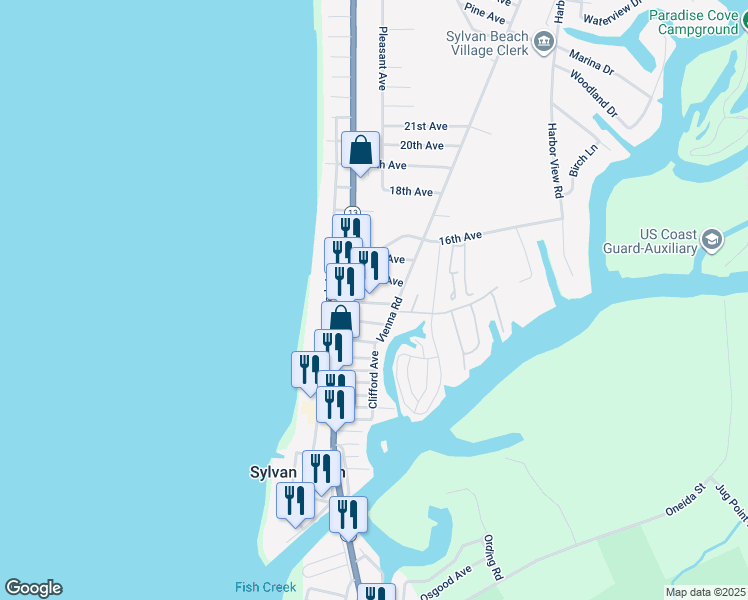 map of restaurants, bars, coffee shops, grocery stores, and more near 225 13th Avenue in Sylvan Beach