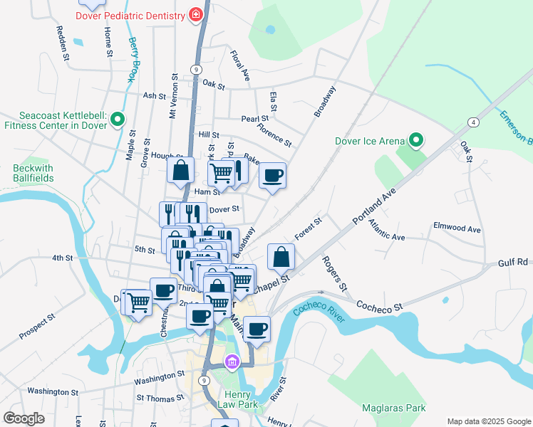 map of restaurants, bars, coffee shops, grocery stores, and more near 1 Waverly Drive in Dover
