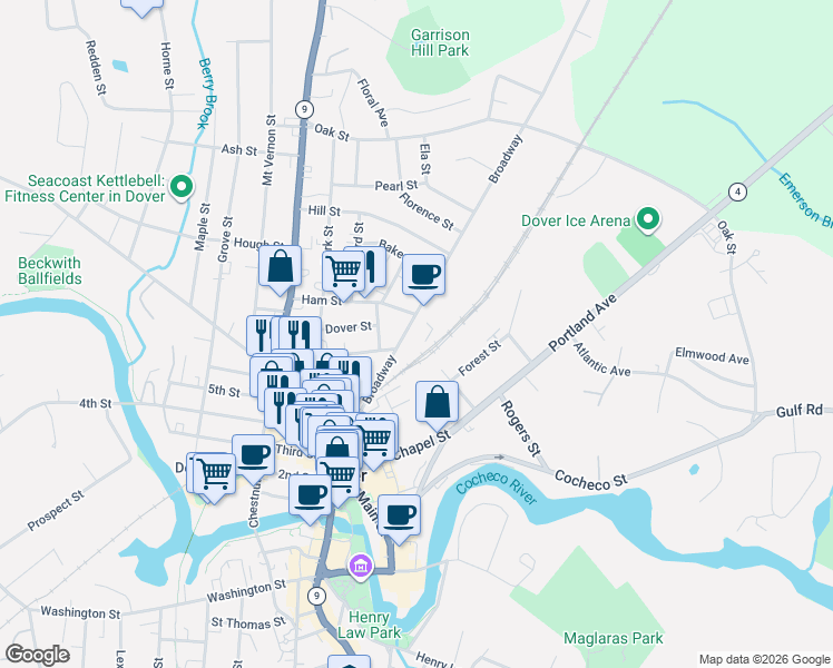 map of restaurants, bars, coffee shops, grocery stores, and more near 37 Broadway in Dover
