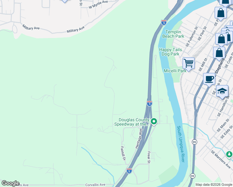 map of restaurants, bars, coffee shops, grocery stores, and more near 1601 Fairhill Drive in Roseburg