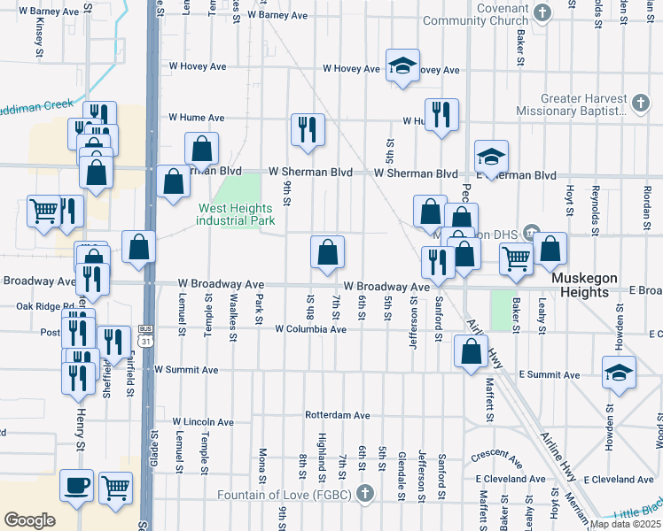 map of restaurants, bars, coffee shops, grocery stores, and more near 256 West Broadway Avenue in Muskegon Heights