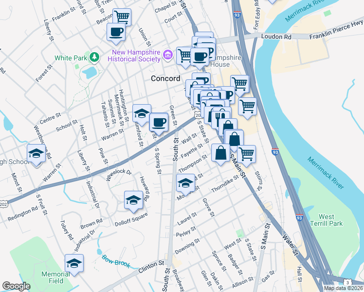 map of restaurants, bars, coffee shops, grocery stores, and more near 23 Wall Street in Concord
