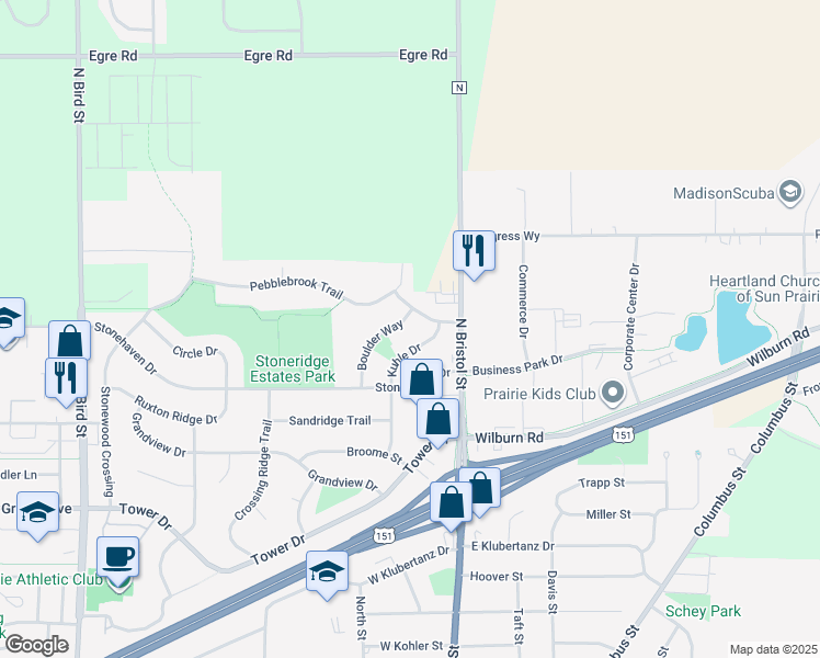 map of restaurants, bars, coffee shops, grocery stores, and more near 1562 Kuhle Drive in Sun Prairie