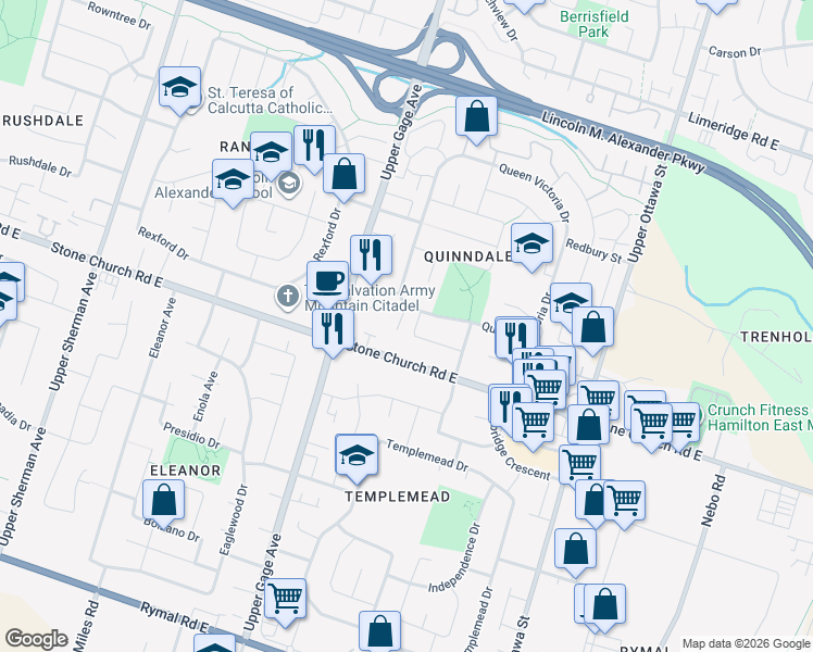 map of restaurants, bars, coffee shops, grocery stores, and more near 915 Stone Church Road East in Hamilton