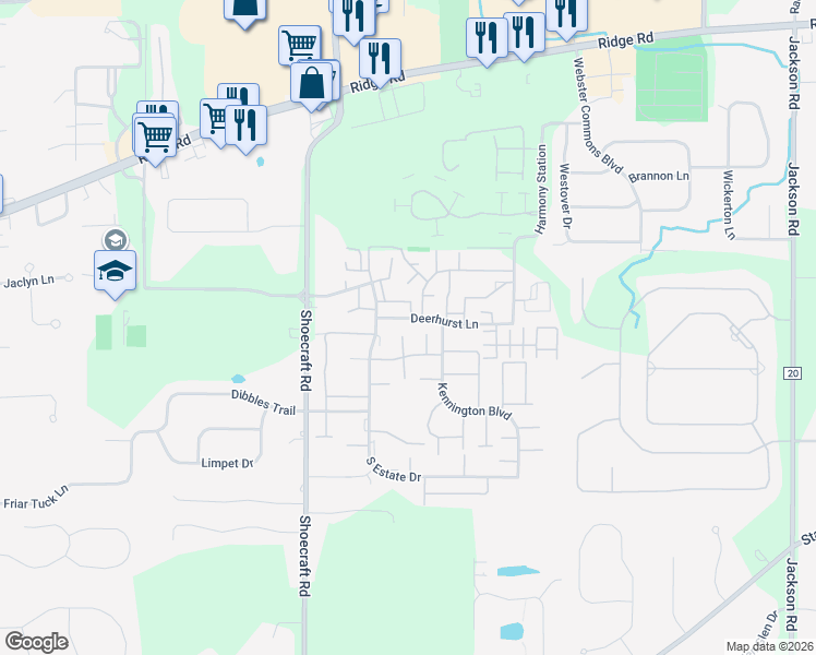 map of restaurants, bars, coffee shops, grocery stores, and more near 13 Hanna Lane in Webster