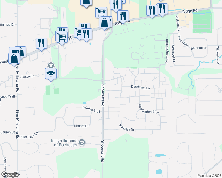 map of restaurants, bars, coffee shops, grocery stores, and more near 66 Springwood Drive in Webster