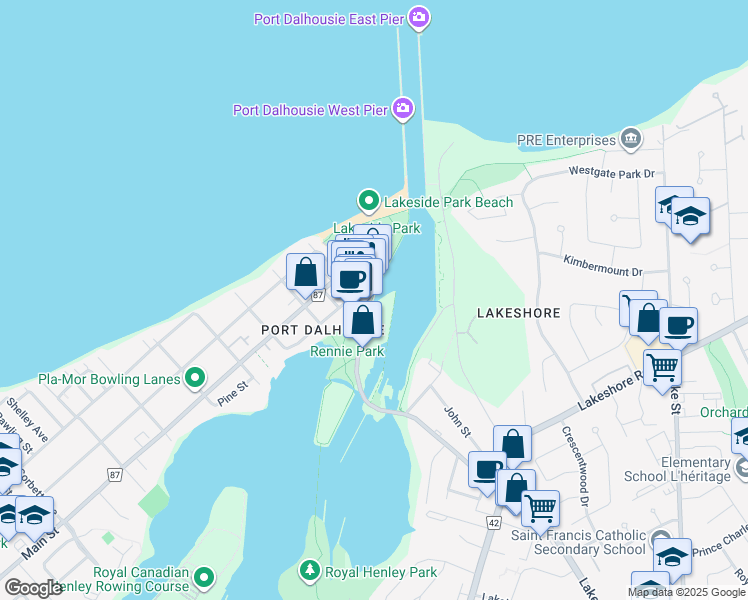 map of restaurants, bars, coffee shops, grocery stores, and more near 1 Lakeport Road in St. Catharines