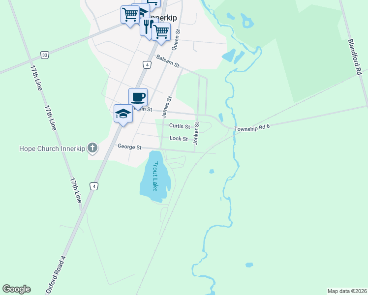 map of restaurants, bars, coffee shops, grocery stores, and more near 70 George Street in Innerkip