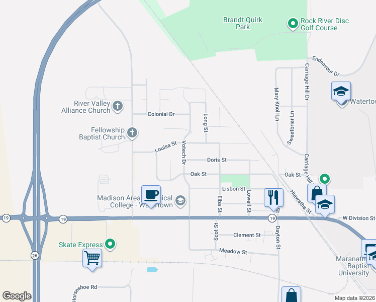 map of restaurants, bars, coffee shops, grocery stores, and more near 1222 Doris Street in Watertown