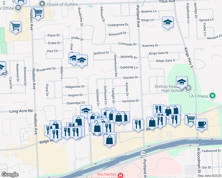 map of restaurants, bars, coffee shops, grocery stores, and more near 104 Twilight Drive in Rochester