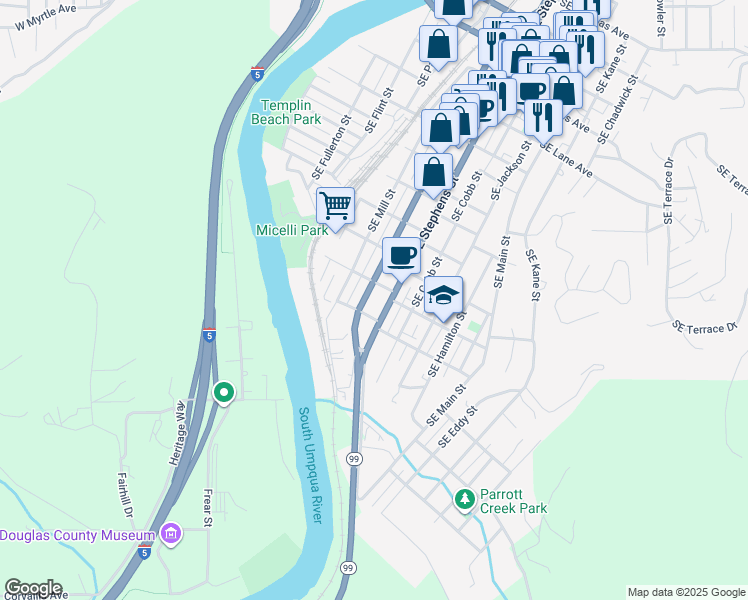 map of restaurants, bars, coffee shops, grocery stores, and more near 1537 Southeast Pine Street in Roseburg