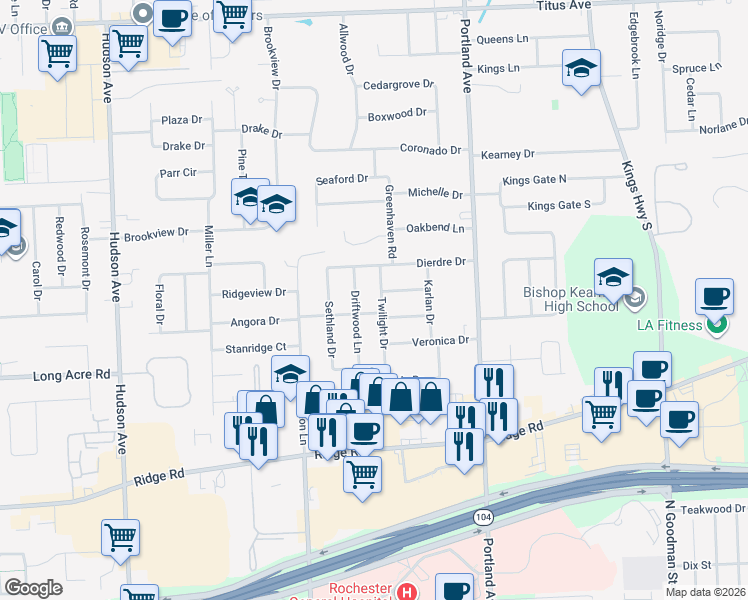 map of restaurants, bars, coffee shops, grocery stores, and more near 104 Twilight Drive in Rochester