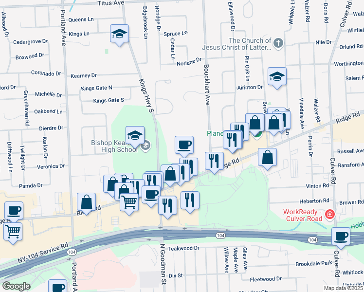 map of restaurants, bars, coffee shops, grocery stores, and more near 100 Kings Highway South in Rochester