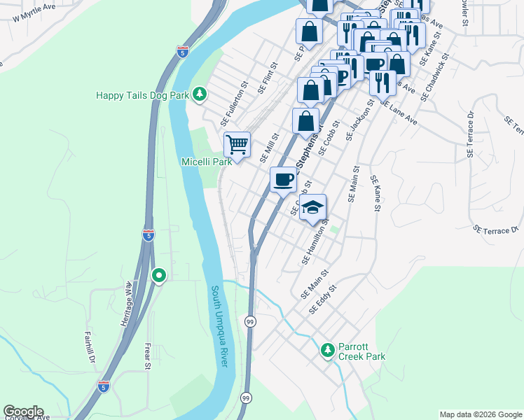 map of restaurants, bars, coffee shops, grocery stores, and more near 626 Southeast Rice Avenue in Roseburg