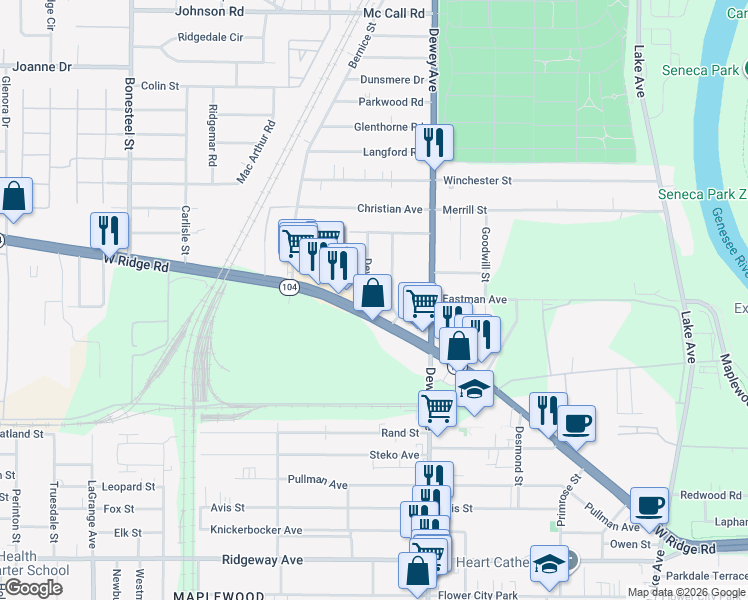 map of restaurants, bars, coffee shops, grocery stores, and more near 536 West Ridge Road in Rochester