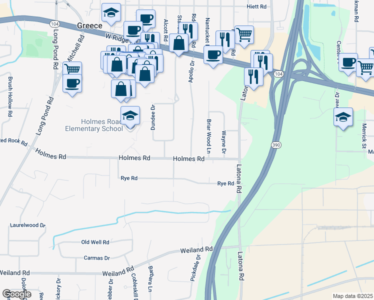 map of restaurants, bars, coffee shops, grocery stores, and more near 204 Apollo Drive in Rochester