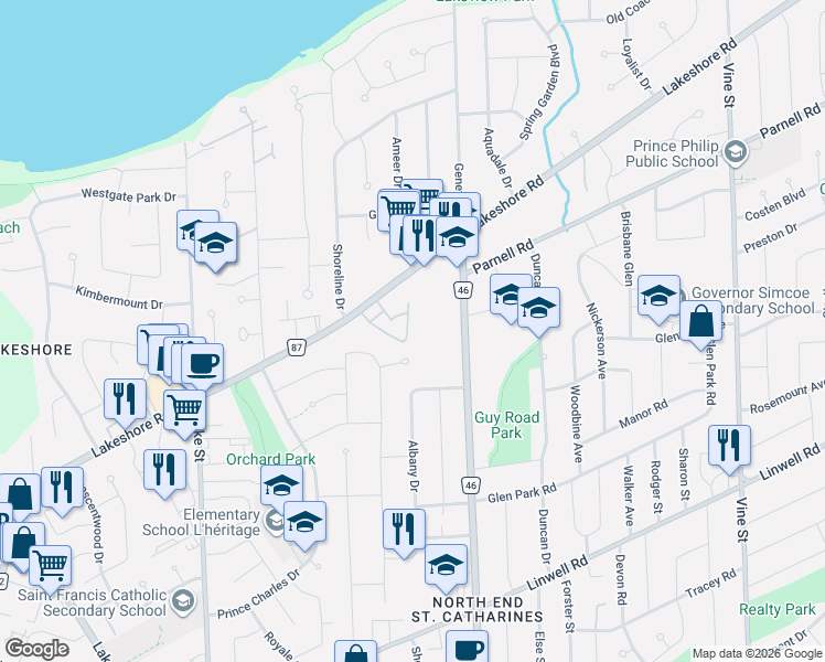 map of restaurants, bars, coffee shops, grocery stores, and more near in St. Catharines