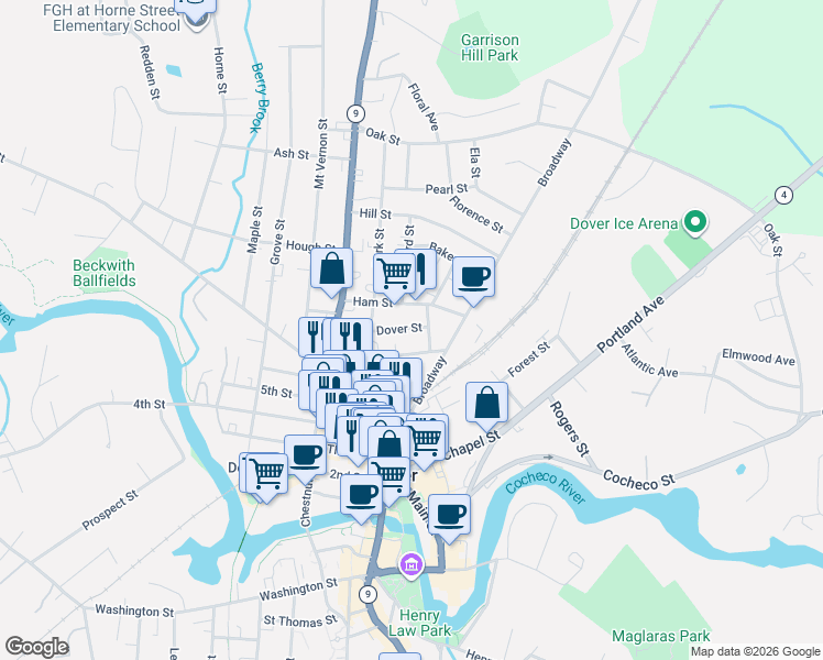 map of restaurants, bars, coffee shops, grocery stores, and more near 32 New York Street in Dover