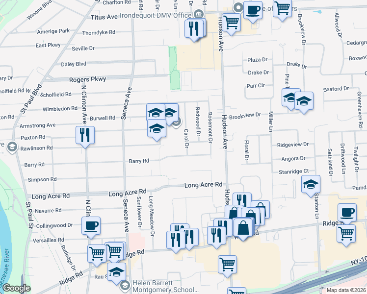 map of restaurants, bars, coffee shops, grocery stores, and more near 506 Barry Road in Rochester