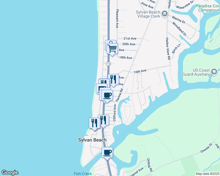 map of restaurants, bars, coffee shops, grocery stores, and more near 225 13th Avenue in Sylvan Beach
