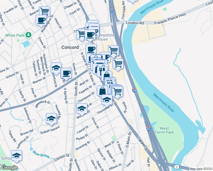 map of restaurants, bars, coffee shops, grocery stores, and more near 40-42 South Main Street in Concord
