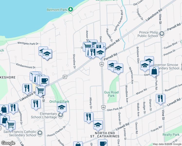 map of restaurants, bars, coffee shops, grocery stores, and more near 122 Lakeshore Road in St. Catharines