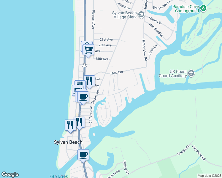 map of restaurants, bars, coffee shops, grocery stores, and more near 1300 Pioneer Avenue in Sylvan Beach