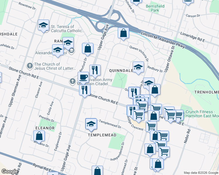 map of restaurants, bars, coffee shops, grocery stores, and more near 493 Queen Victoria Drive in Hamilton