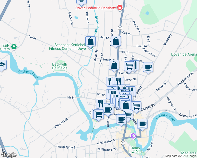 map of restaurants, bars, coffee shops, grocery stores, and more near 50 Grove Street in Dover