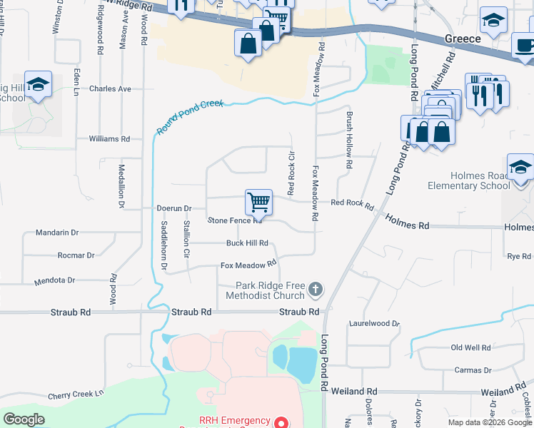 map of restaurants, bars, coffee shops, grocery stores, and more near 106 Stone Fence Road in Rochester